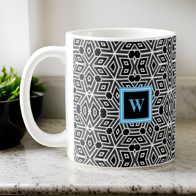 Svartvit kubism Neo Geo med Lt Blue Monogram Kaffemugg (Skapare uppladdad)