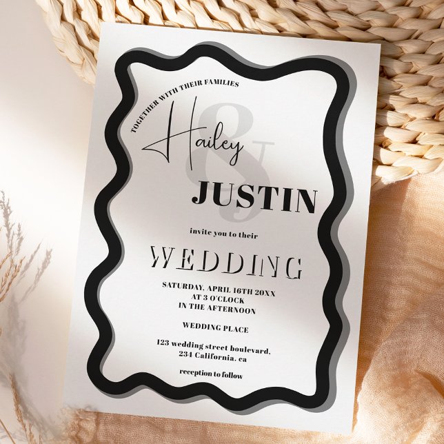 svartvit kurvbläddring vågigt bröllop-foto inbjudningar (black white curve squiggle wavy wedding photo invitation)