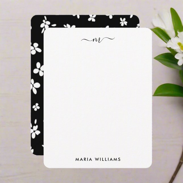 Svartvit kute Flowers Monogram Typografi Anteckningskort (Skapare uppladdad)