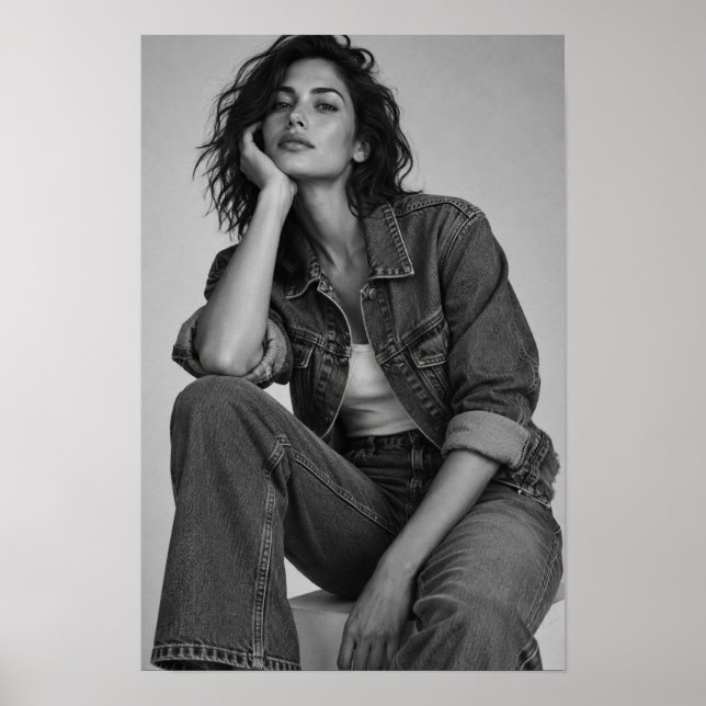 Svartvit kvinna i denim modeporträtt poster (Framsidan)