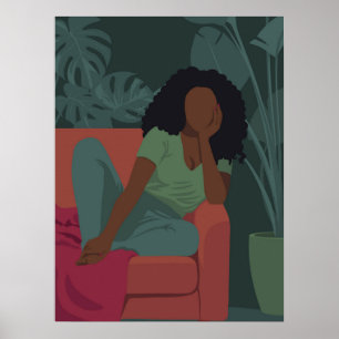 Svartvit kvinna med viridian grönt Plantor Poster