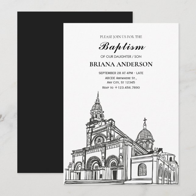 Svartvit kyrkobaptism inbjudningar (Fram/baksida)
