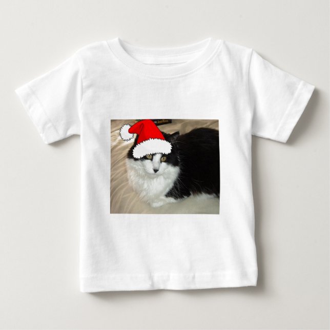 Svartvit Långhårig katt Tee Shirt (Framsida)