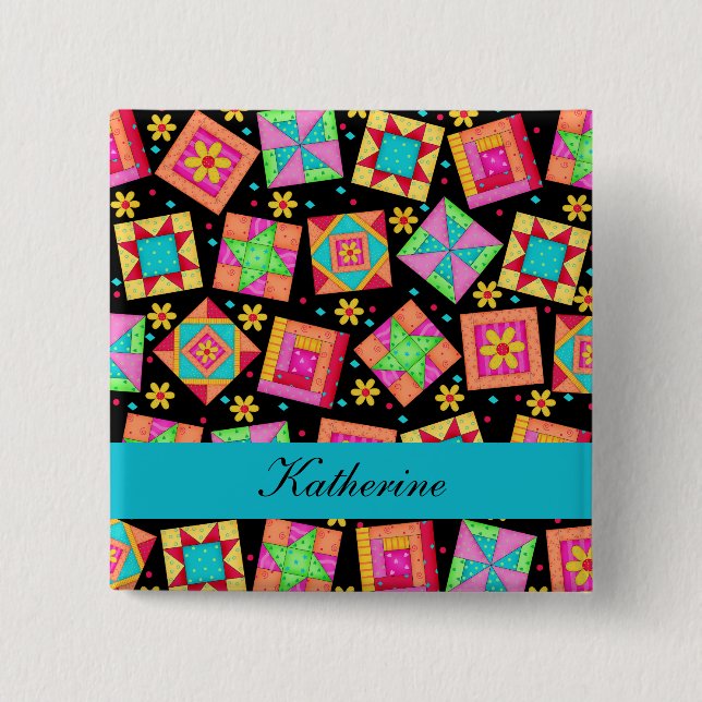 Svartvit - lapptäcke Quilt Blocks Namn Badge Knapp (Framsida)
