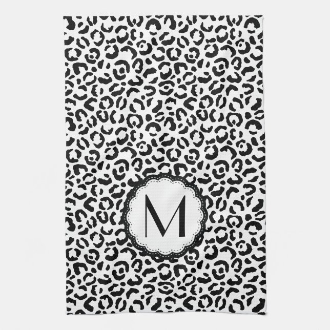 Svartvit Leopard Monogram Kökshandduk (Vertikal)