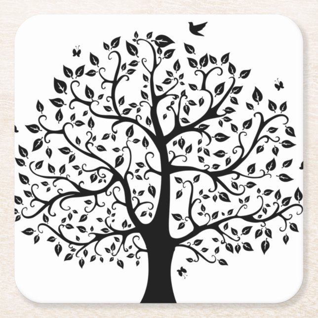 Svartvit Life Träd Underlägg Papper Kvadrat (Framsidan)