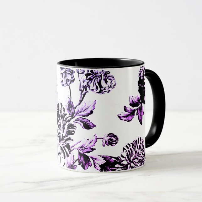 Svartvit Lila Blå Vintage-Blommigt Mugg (Framsida höger)