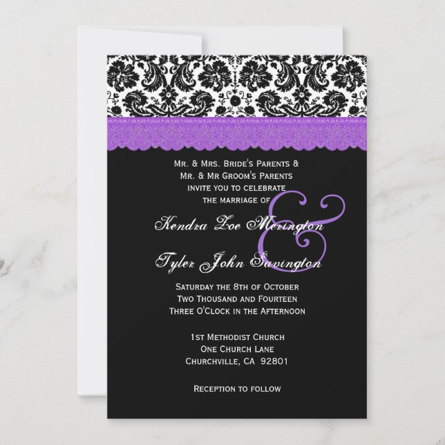 Svartvit Lila Snöre Flower Damask Wedding V18 Inbjudningar (Framsida)