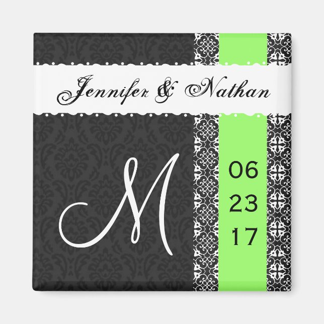 Svartvit Lime Green Damask Snöre Bröllop Magnet (Framsidan)