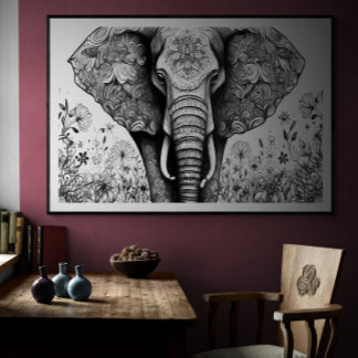 Svartvit linje teckning Elephant | Ai Poster