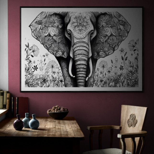 Svartvit linje teckning Elephant | Ai Poster (Skapare uppladdad)