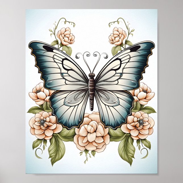 Svartvit linje Teckning i en fjäril Poster (Framsidan)