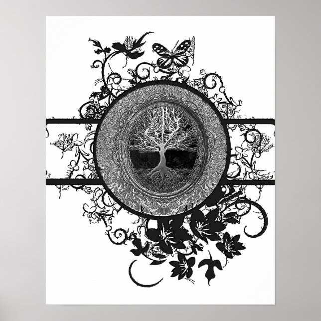 Svartvit Livets träd med blommor Poster (Framsidan)