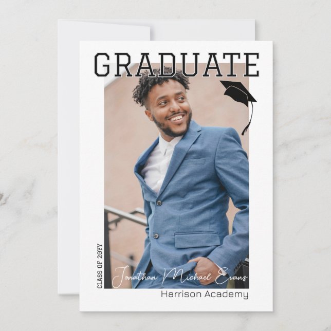 Svartvit Lodrät Student, Porträtt Foto Inbjudningar (Framsida)