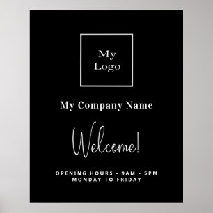 Svartvit logotyp namn öppningstid poster