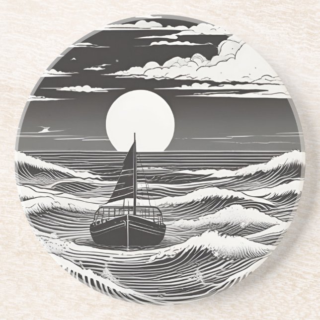 Svartvit Lonely Boat in Trouble at Sea Underlägg (Framsidan)
