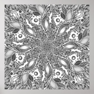 Svartvit löv mandala-kanvastryck poster