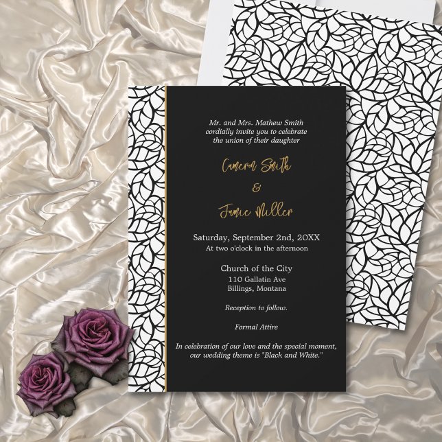 Svartvit Löv Mönster Gräns Bröllop Inbjudningar (Black & White Leaf Pattern Border Wedding Invitation)