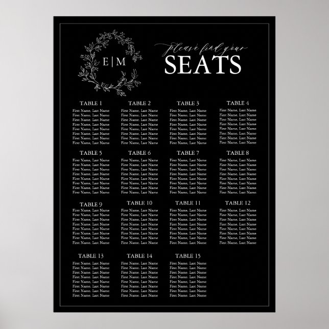 Svartvit lövbläda Vapensköld Monogram Bröllop Sitt Poster (Framsidan)