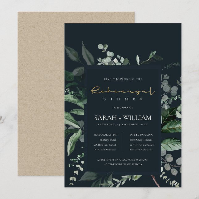Svartvit lövfauna Rehearsal Dinner Inbjudan (Fram/baksida)