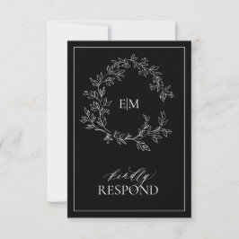 Svartvit lövkort för Vapensköld, monogram Bröllop  OSA Kort