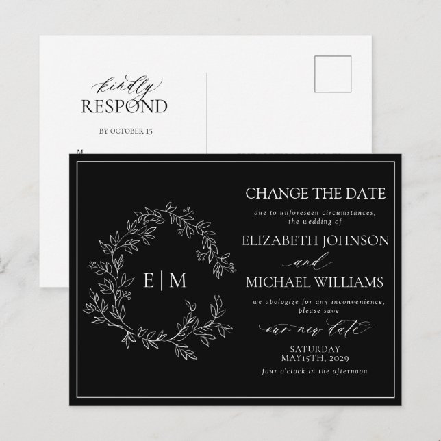 Svartvit lövvit Vapensköld Monogram ändrar datum Inbjudan Vykort (Fram/baksida)