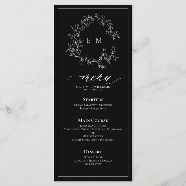Svartvit lövvit Vapensköld Monogram Bröllop Menu Meny (Framsida)