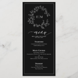 Svartvit lövvit Vapensköld Monogram Bröllop Menu Meny