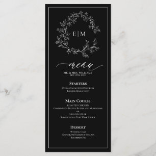 Svartvit lövvit Vapensköld Monogram Bröllop Menu Meny