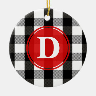 Svartvit LumberjackplädMonogram Julgransprydnad Keramik
