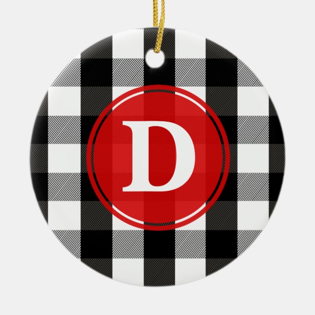 Svartvit LumberjackplädMonogram Julgransprydnad Keramik (Framsidan)