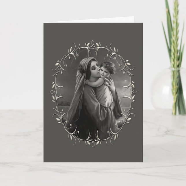 Svartvit madonna och barn med Silver Ram Helgkort (Framsida)