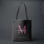 Svartvit Magenta Monogram Rosa Skript Namn Initial Tygkasse<br><div class="desc">Modern Black Shock rosa Monogram Elegant Magenta Namn Initial Tote Bag</div>