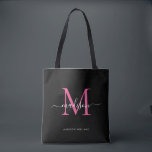 Svartvit Magenta Monogram Rosa Skript Namn Initial Tygkasse<br><div class="desc">Modern Black Shock rosa Monogram Elegant Magenta Namn Initial Tote Bag</div>