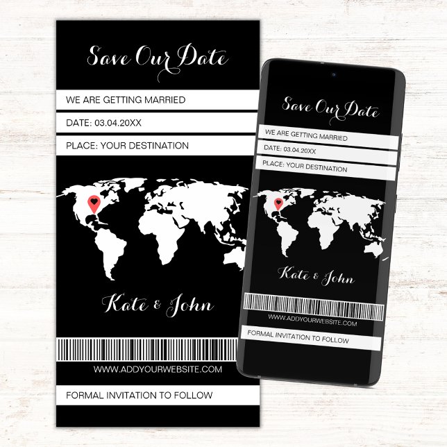 Svartvit mål för elektroniskt ombordstigningspass spara datumet (Save the date electronic boarding pass invitation, save our date for destination wedding)
