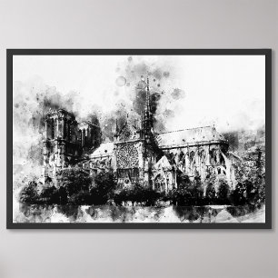 Svartvit målning av Notre Dame Cathedral Fototryck