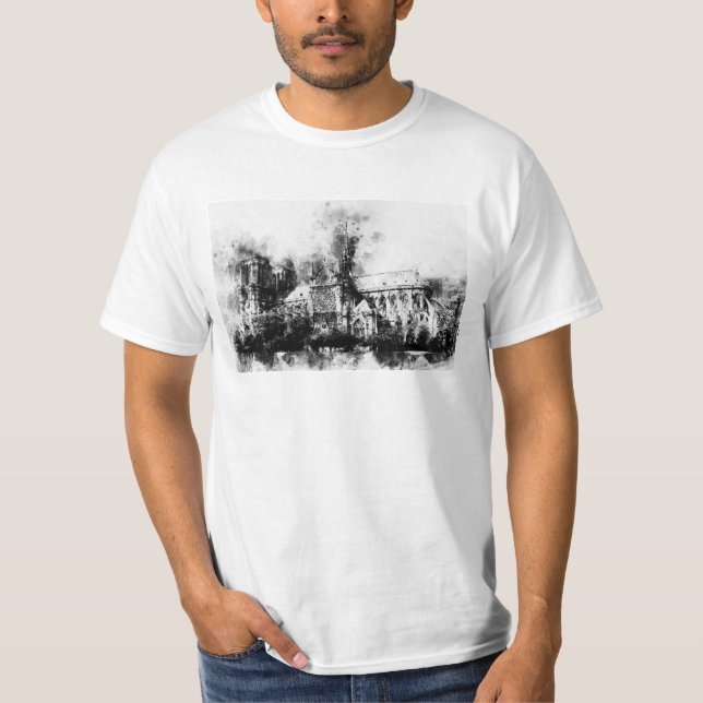 Svartvit målning av Notre Dame Cathedral T Shirt (Framsida)