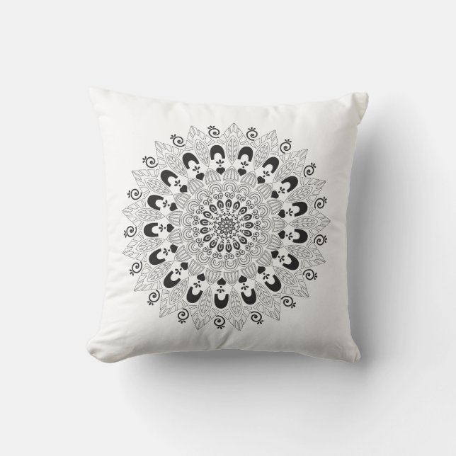 Svartvit Mandala Flower Design Dekorativ kudde (Framsida)