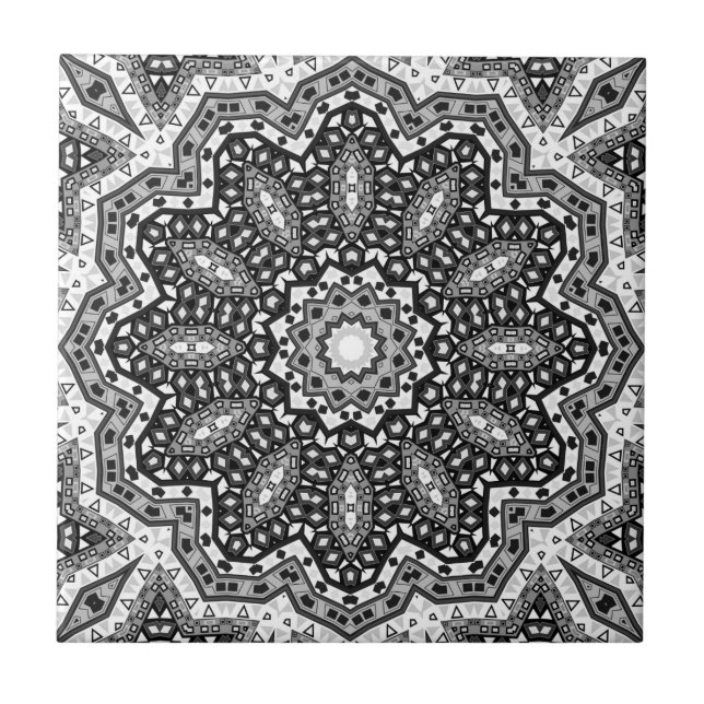 Svartvit mandala, kalejdoskop, rund ornament kakelplatta (Framsidan)