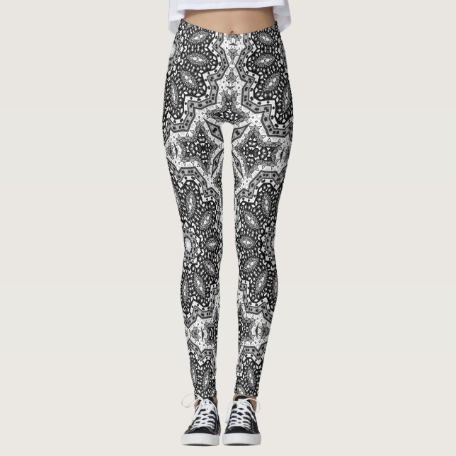Svartvit mandala, kalejdoskop, rund ornament leggings (Framsida)