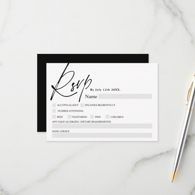 Svartvit manuskalligrafi mat osa bröllop kort (Fram/Back In Situ)