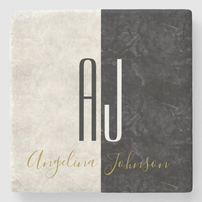 Svartvit marble Initialer Monogrammed Stenunderlägg (Framsidan)