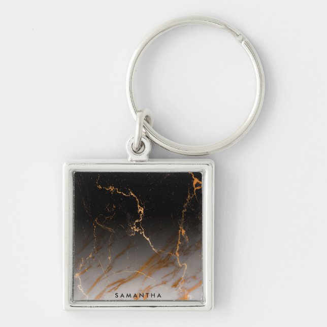 Svartvit marmor fyrkantig silverfärgad nyckelring (Framsidan)