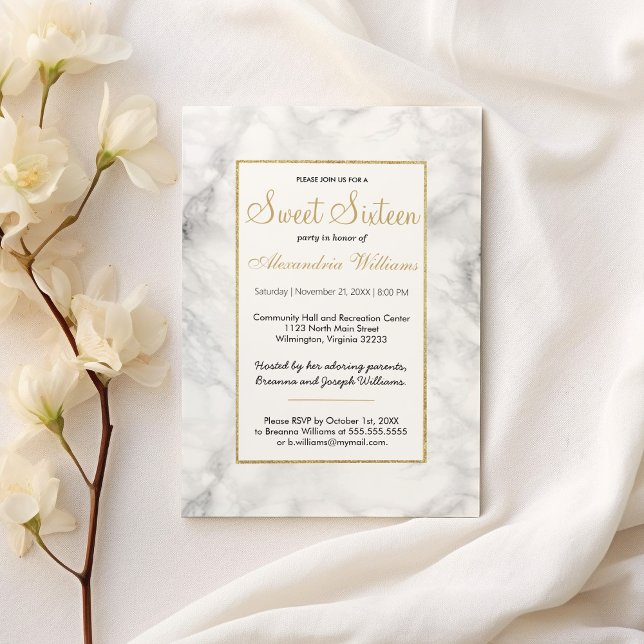 Svartvit marmor guld glitter Sweet sixteen Inbjudningar (Black white gold glitter marble Sweet Sixteen )