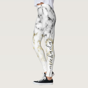 Svartvit marmor guld gnistra glitter Ditt namn Leggings