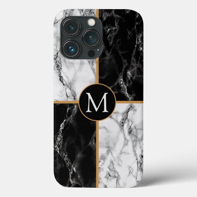Svartvit marmor i Monogram Brev iphone case (Baksida)