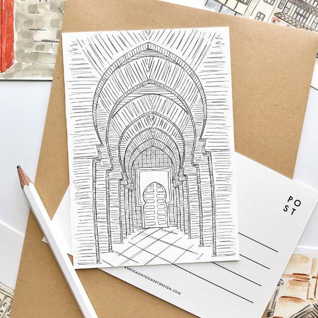 Svartvit marockansk vykort (Black and white sketch Morocco travel postcard.)