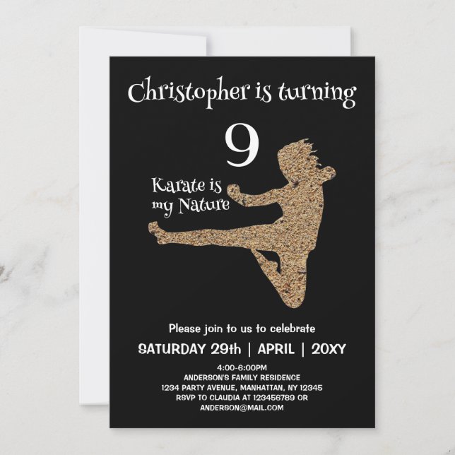 Svartvit martialkonst Karate Barns födelsedag Inbjudningar (Framsida)