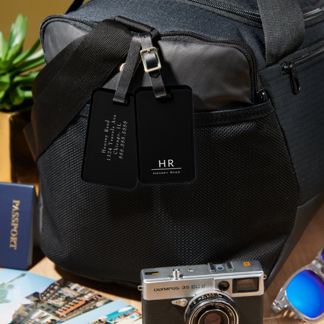 Svartvit Masculine Monogram Initialer + Namn Bagagebricka (Fram & Baksida)