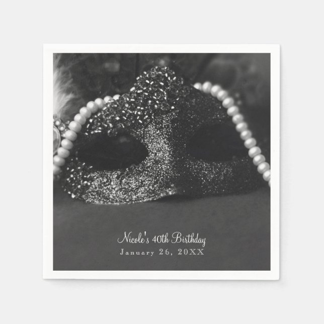 Svartvit maskeringsmask och pärlmaskor Party Pappersservett (Framsidan)